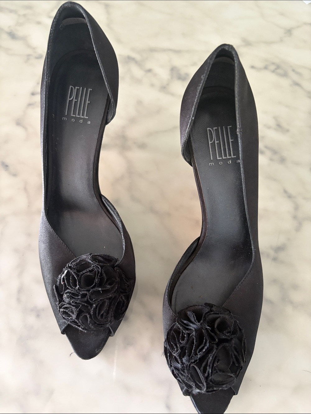 Pelle Moda Black Satin Peep-Toe Heels with Rosette